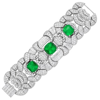 Lot 107 - Wide Platinum, Emerald and Diamond Bracelet with Metal and Diamond Necklace Attachment