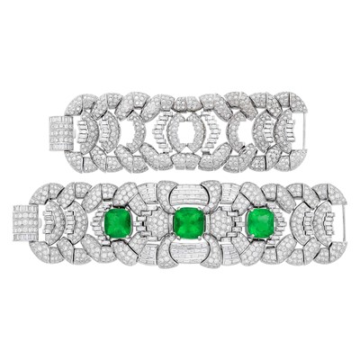 Lot 107 - Wide Platinum, Emerald and Diamond Bracelet with Metal and Diamond Necklace Attachment