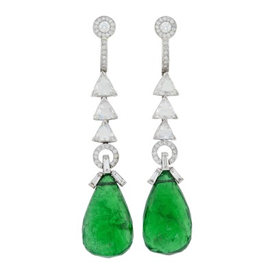 Lot 1141 - Pair of White Gold, Emerald Briolette and Diamond Pendant-Earclips
