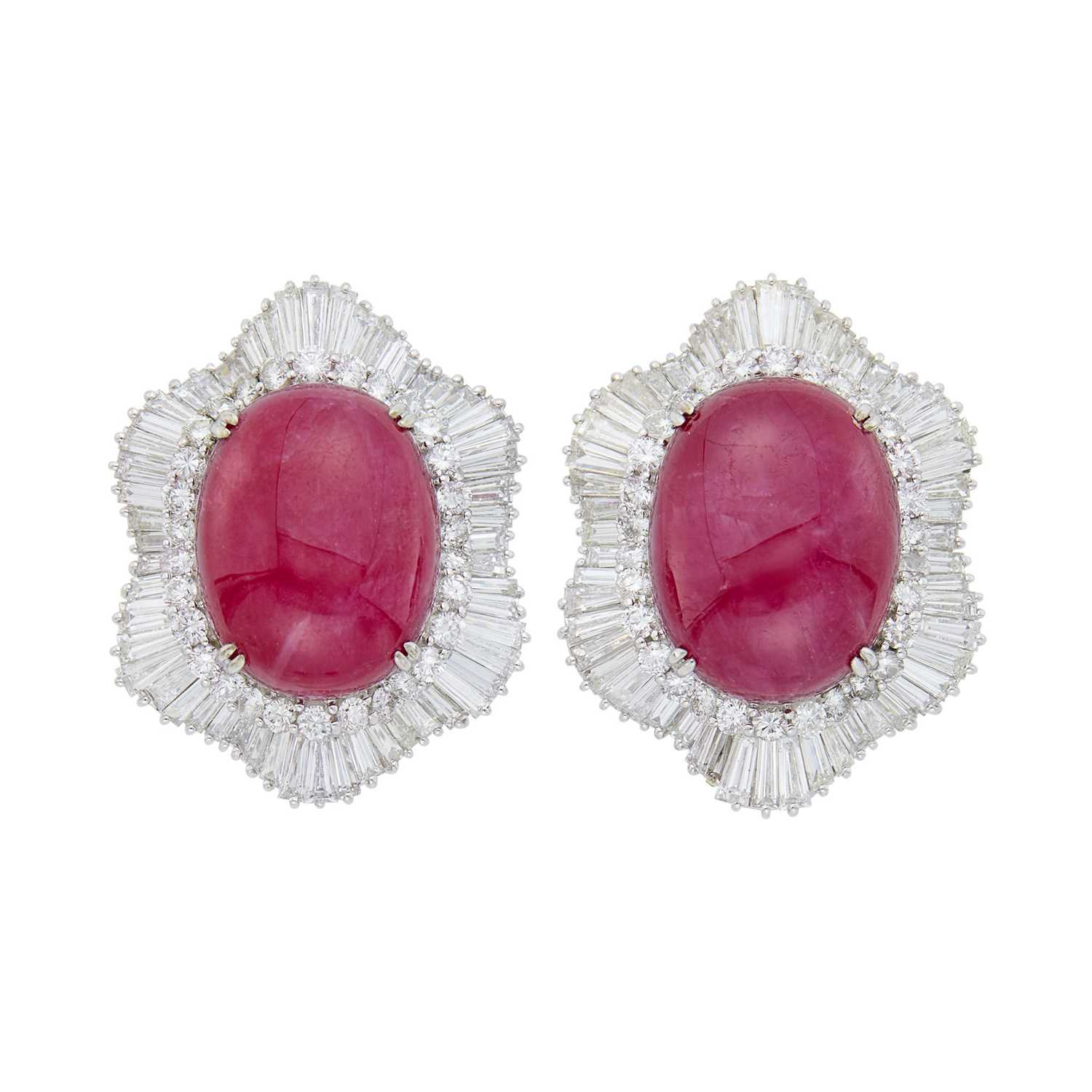 Lot 68 - Pair of White Gold, Cabochon Ruby and Diamond Earclips