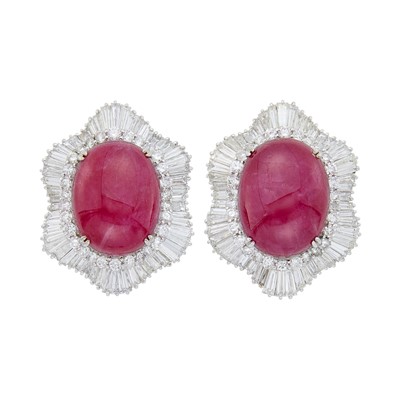 Lot 68 - Pair of White Gold, Cabochon Ruby and Diamond Earclips