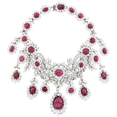 Lot 95 - White Gold, Ruby and Diamond Fringe Pendant-Necklace