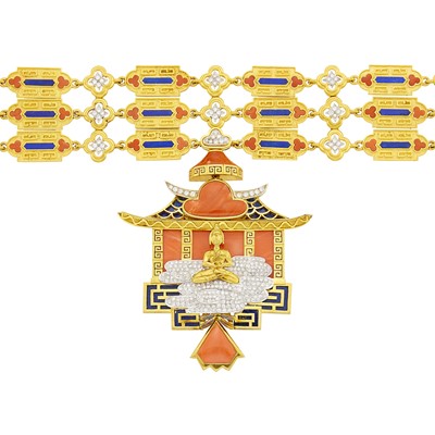 Lot 1152 - Triple Strand Two-Color Gold, Lapis, Coral and Diamond Buddha Temple Pendant-Brooch Choker Necklace