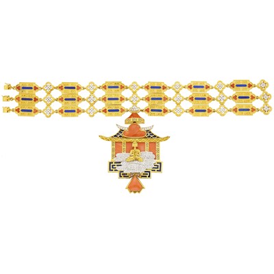 Lot 1152 - Triple Strand Two-Color Gold, Lapis, Coral and Diamond Buddha Temple Pendant-Brooch Choker Necklace
