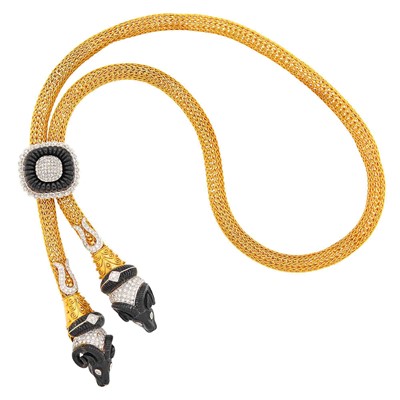 Lot 189 - Two-Color Gold, Carved Black Onyx and Diamond Double Ram's Head Slide Lariat Necklace
