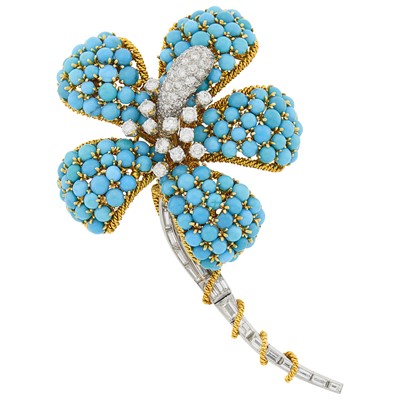 Lot 203 - David Webb Gold, Platinum, Turquoise and Diamond Flower-Clip Brooch