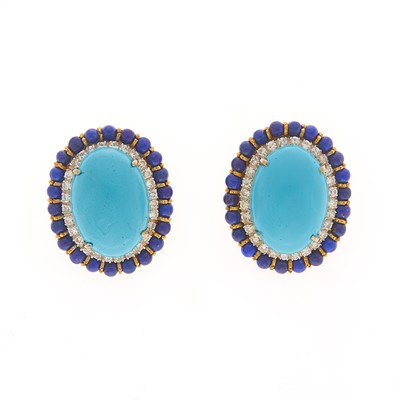 Lot 2118 - Pair of Two-Colored Gold, Painted Turquoise, Lapis and Diamond Earrings