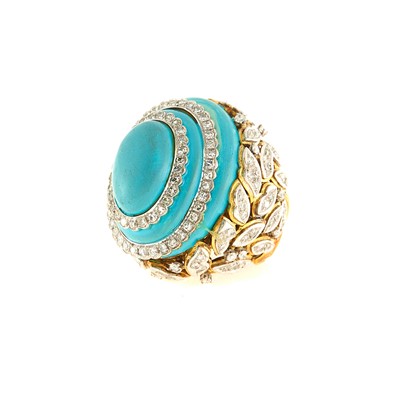 Lot 2117 - Two-Color Gold, Painted Turquoise and Diamond Dome Ring