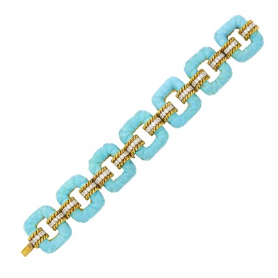 Lot 1044 - Gold, Fluted Painted Turquoise and Diamond Bracelet