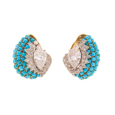Lot 2119 - Pair of Two-Color Gold, Turquoise Simulated Diamond Earclips