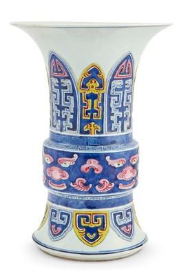 Lot 400 - A Chinese Archaistic Enameled Porcelain Gu Vase