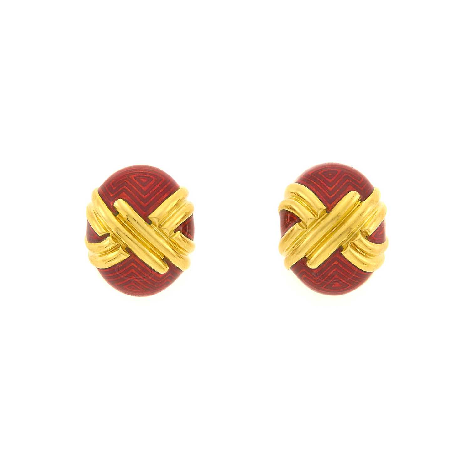 Lot 1063 - Pair of Gold and Red Enamel Earrings