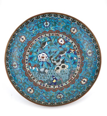 Lot 520 - A Chinese Cloisonne Enamel 'Three Ram and Magpie' Dish