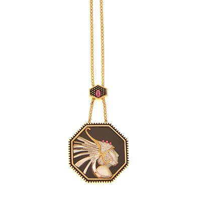 Lot 1055 - Erté Gold, Silver, Black Onyx, Carved Mother-of-Pearl, Cabochon Ruby and Diamond Pendant-Necklace