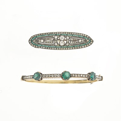 Lot 1086 - Antique Gold-Filled, Silver, Paste and Diamond Bangle Bracelet and Silver, Diamond and Paste Brooch