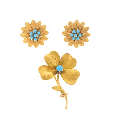Lot 1037 - Pair of Gold and Turquoise Flower Earclips and Brooch