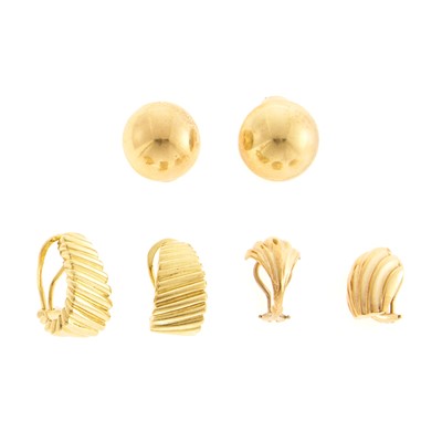 Lot 2172 - Two Pairs of Gold Earclips and Two Single Earclips
