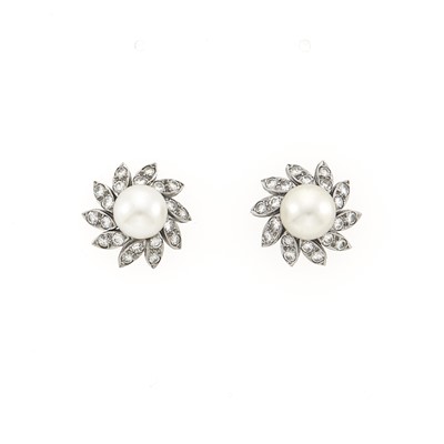Lot 1094 - Pair of White Gold, Cultured Pearl and Diamond Earrings