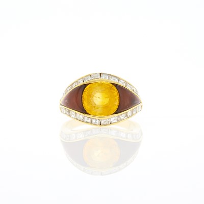 Lot 1161 - Gold, Yellow Sapphire, Mother-of-Pearl and Diamond Ring