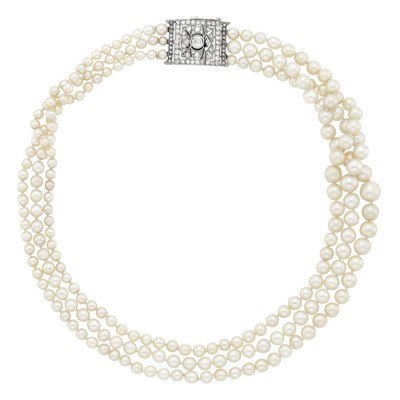 Lot 105 - Triple Strand Natural Pearl Necklace with Platinum and Diamond Clasp, France
