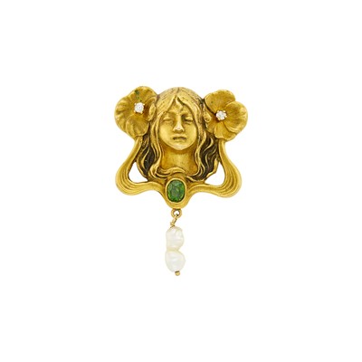 Lot 2139 - Art Nouveau Gold, Demantoid Garnet, Diamond and Freshwater Pearl Pendant-Brooch