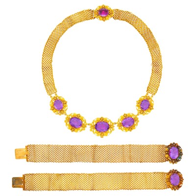 Lot 23 - Antique Cannetille Gold and Foil-Backed Amethyst Mesh Necklace and Pair of Bracelets