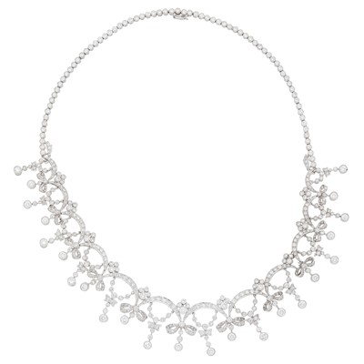 Lot 134 - Platinum and Diamond Bow Fringe Necklace