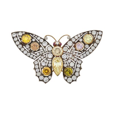 Lot 1140 - Silver, Gold, Diamond and Fancy Colored Diamond Butterfly Brooch
