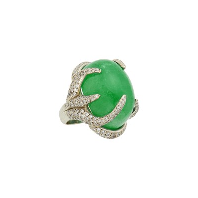 Lot 1121 - White Gold, Cabochon Emerald and Diamond Ring