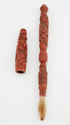 Lot 88 - A Chinese Cinnabar Lacquer Carved Brush and Cover