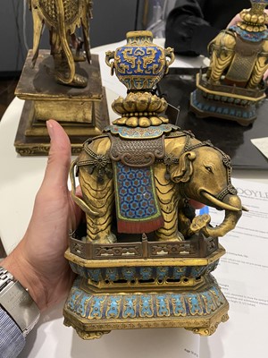 Lot 120 - A Pair of Imperial Chinese Gilt Bronze, Cloisonne and Champleve Enamel Elephant and Vase Figures