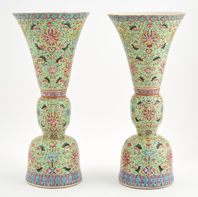 Lot 389 - A Pair of Chinese Famille Rose Porcelain Altar Gu Vases