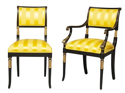 Lot 123 - Set of Ten Regency Style Painted and Parcel Gilt Chairs