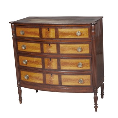 Lot 649 - Federal Inlaid Mahogany and Satinwood Bowfront Chest of Four Drawers