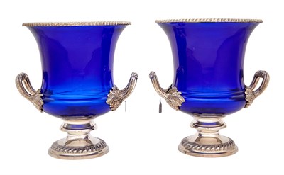 Lot 1281 - Pair of Silver Plated and Blue Glass Wine Coolers