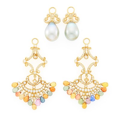 Lot 2104 - Two Pairs of Two-Color Gold, Diamond, Gray Cultured Pearl and Multicolored Sapphire Briolette Earring Pendants