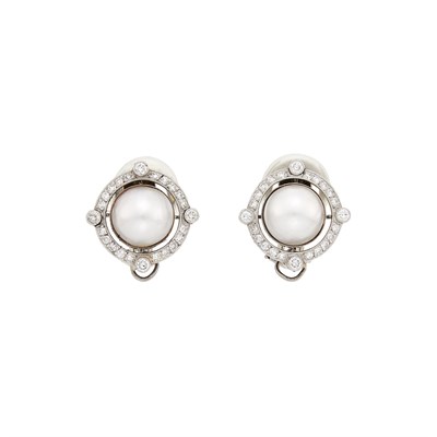 Lot 2061 - Pair of White Gold, Mabé Pearl and Diamond Earclips