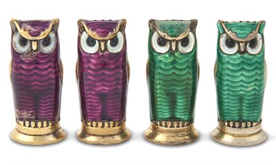 Lot 1223 - Set of Four Norwegian Novelty Sterling Silver and Enamel Owl Form Individual Salt and Pepper Casters