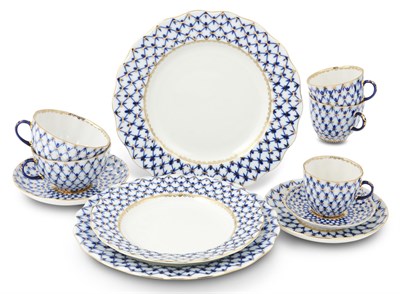 Lot 1273 - Lomonosov Cobalt Net Pattern Porcelain Dinner...