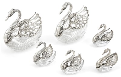 Lot 1060 - Group of Six Continental Silver and Glass Swan Form Dishes