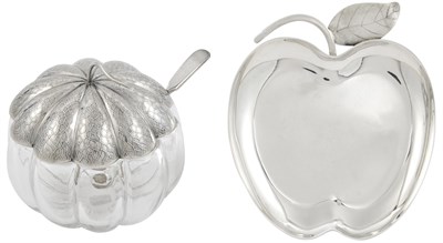 Lot 1175 - American Novelty Sterling Silver Apple Form Dish and Sterling Silver and Glass Jam Jar