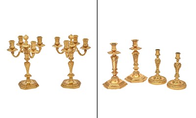 Lot 1305 - Two Pairs of Gilt-Metal Candlesticks, Together...