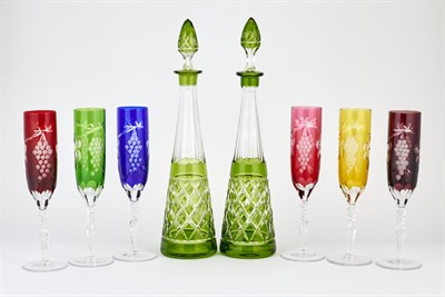 Lot 1004 - Six Multicolored Cut to Clear Champagne Flutes...