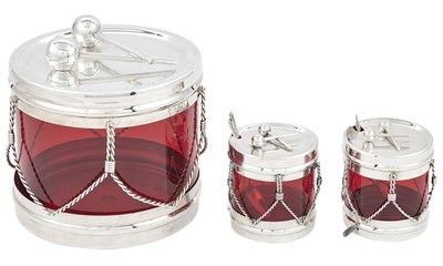 Lot 1176 - Suite of Three American Novelty Silver-Plated and Ruby Glass Drum Form Jars