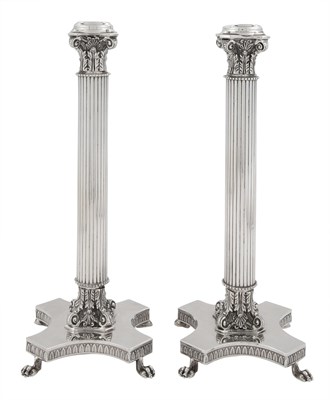 Lot 1046 - Pair of Italian Sterling Silver Columnar Form Candlesticks