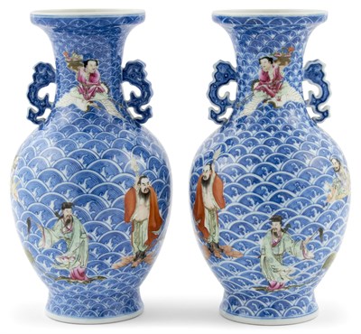 Lot 345 - A Pair of Chinese Famille Rose Enameled Blue and White Porcelain Vases