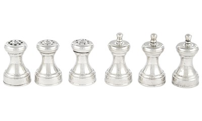 Lot 1297 - Set of Six Tiffany & Co. Sterling Silver Capstan Form Salt Shakers and Pepper Grinders