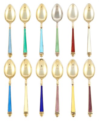 Lot 712 - Set of Twelve American Sterling Silver and Enamel Demitasse Spoons in a Fitted Cartier Box