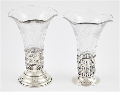 Lot 676 - Two Similar American Sterling Silver and Cut Glass Vases