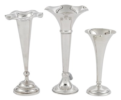 Lot 1308 - Graduated Group of Three Silver Trumpet Vases